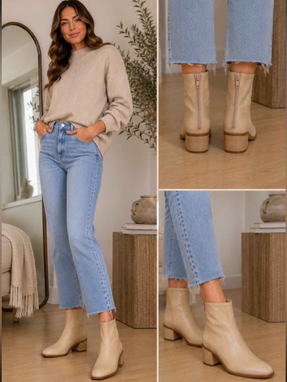 Anthropologie creamy Beige Leather Ankle Booties with Block Heel